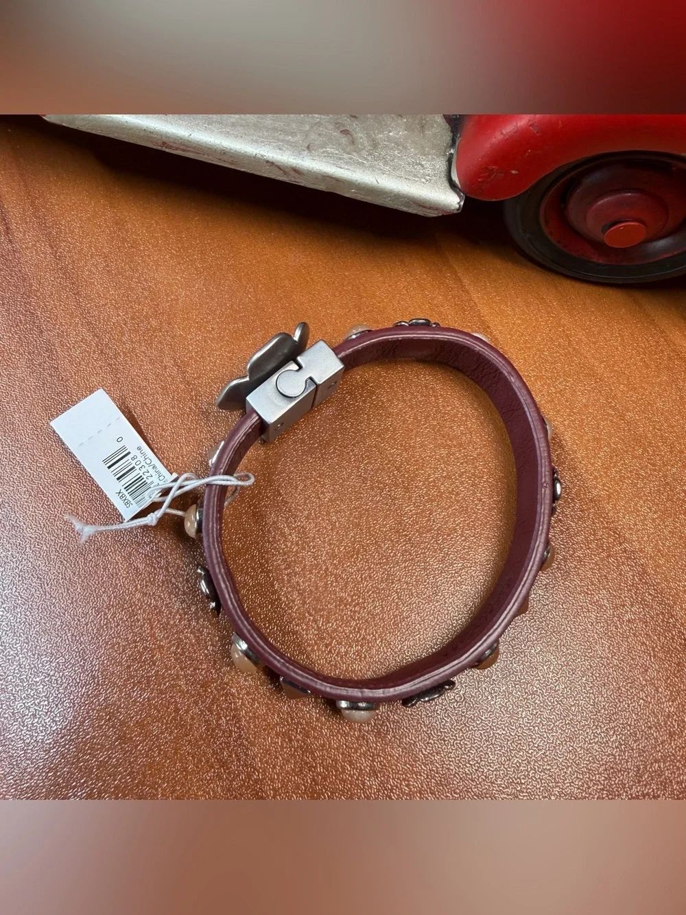 NWT Coach Willow Floral Studded Leather Bracelet Bordeaux Tea Rose Charm 22136